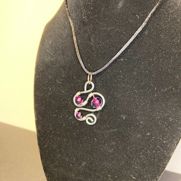 Deep Purple Faceted Glass Bead Adorned Stainless Steel Swirl Pendant - Picture 6 of 8